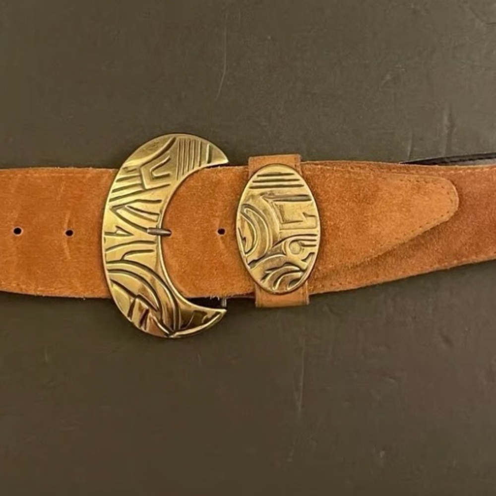 Camel brown suede vintage leather belt brass buckle